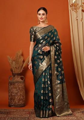 Turquoise Blue Woven Silk Saree Set