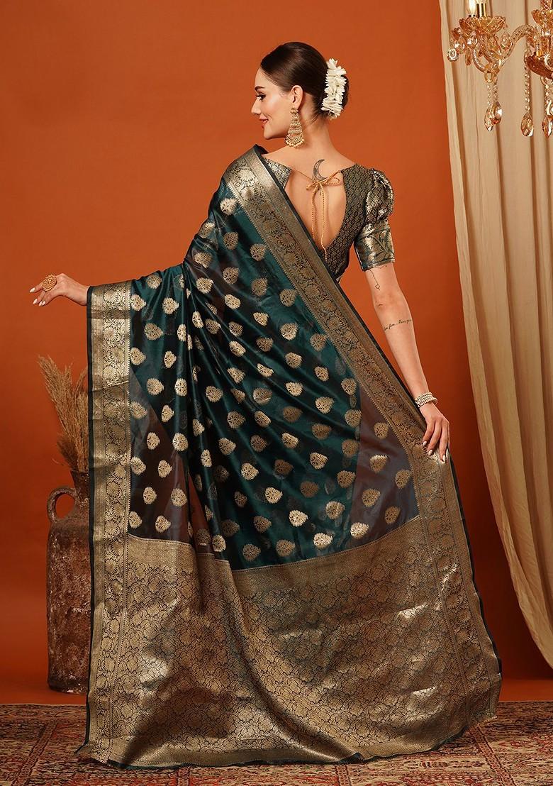 Turquoise Blue Woven Silk Saree Set