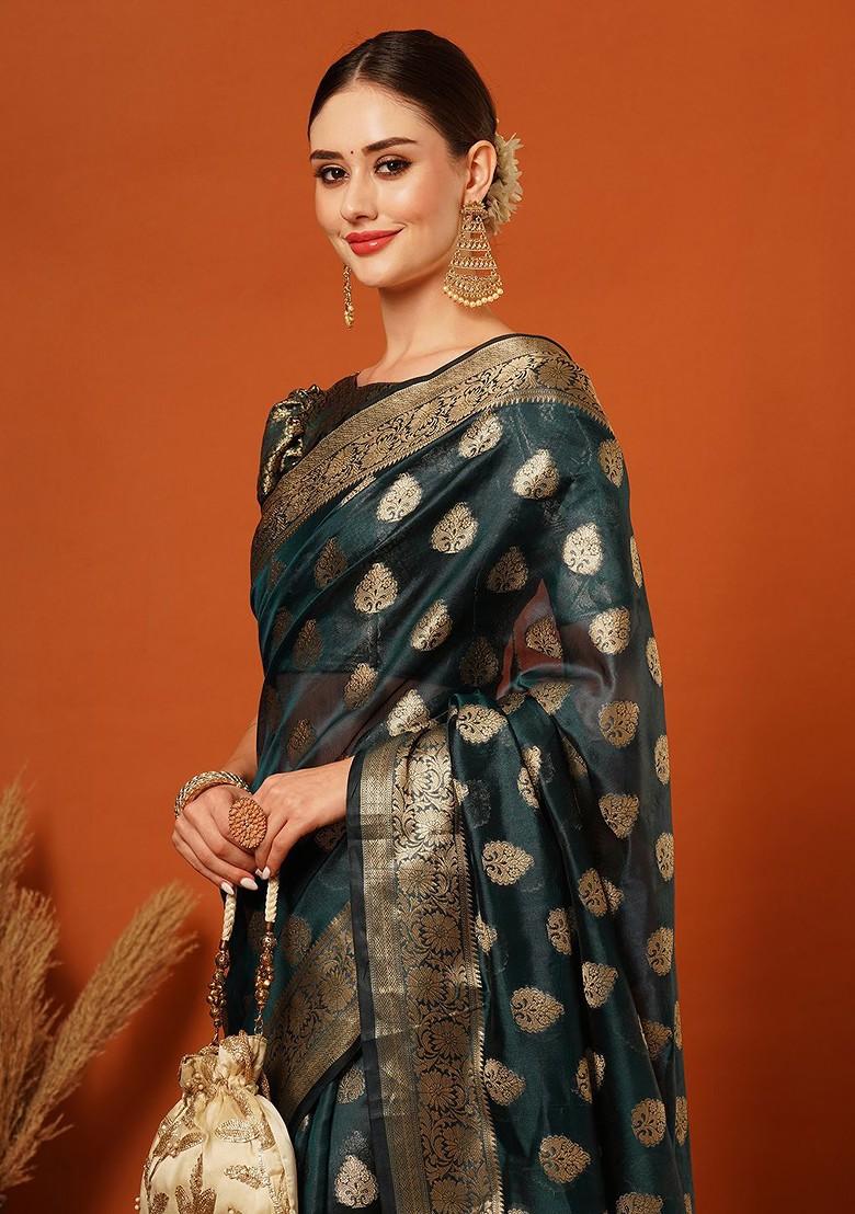 Turquoise Blue Woven Silk Saree Set