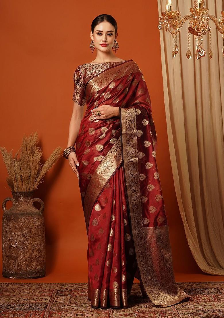Maroon Woven Silk Saree Set