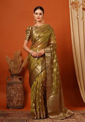 Yellow Woven Silk Saree Set