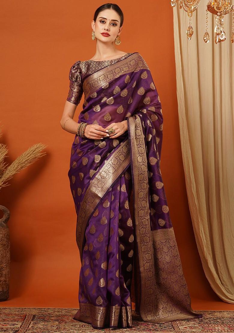 Purple Woven Silk Saree Set