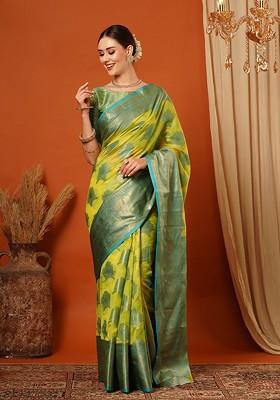 Lime Green Woven Silk Saree Set