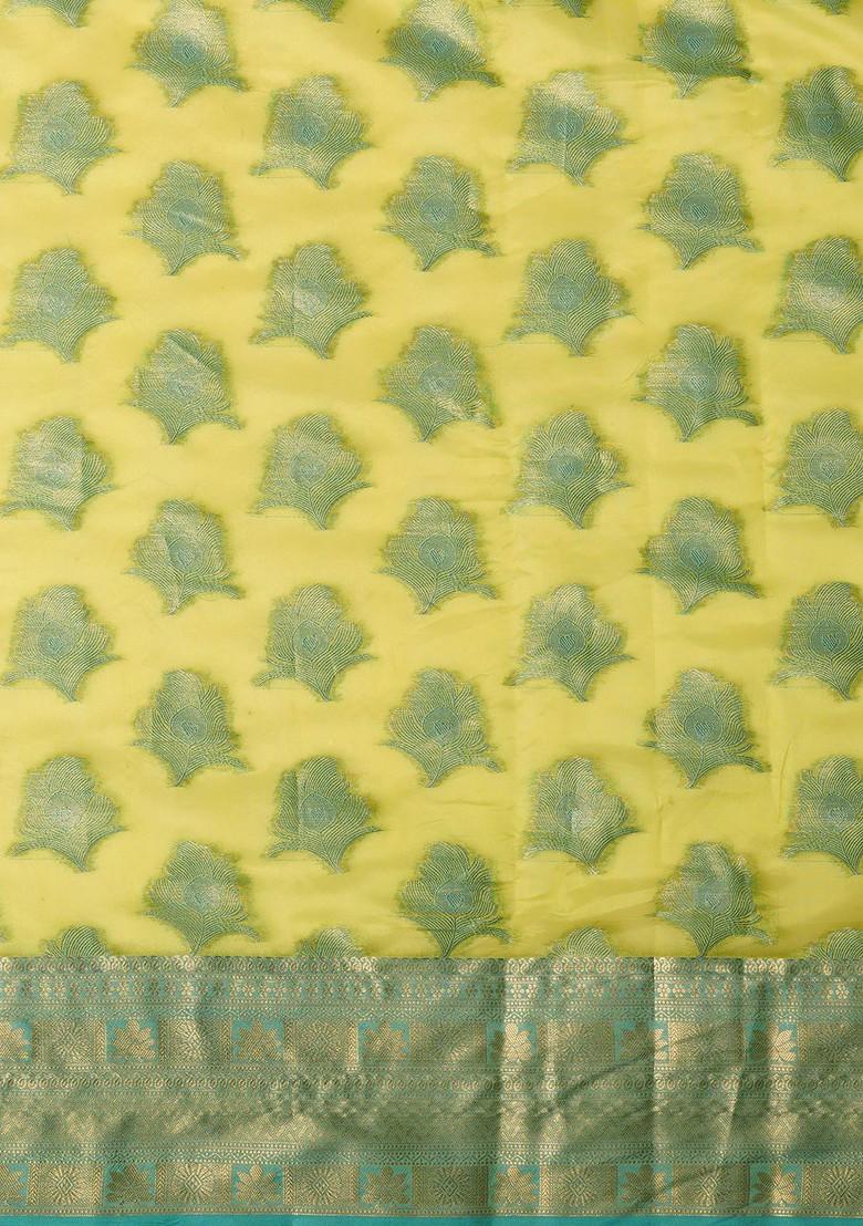 Lime Green Woven Silk Saree Set