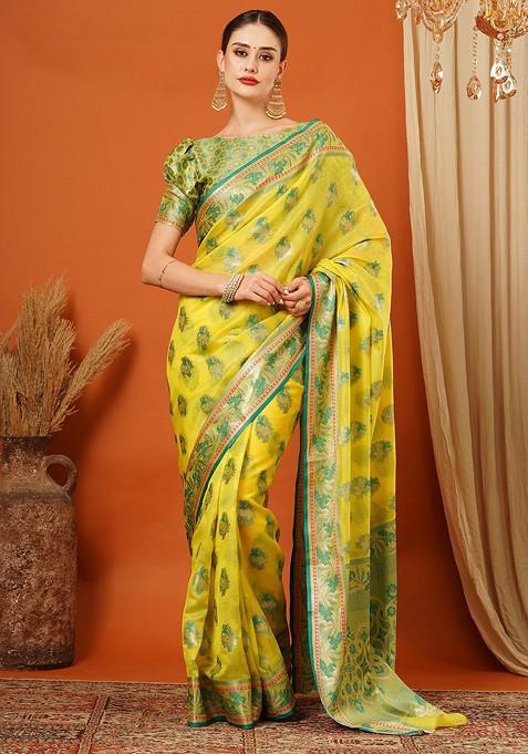 Green Woven Silk Saree Set