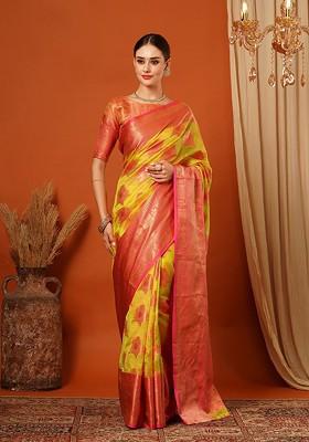Pink Woven Silk Saree Set