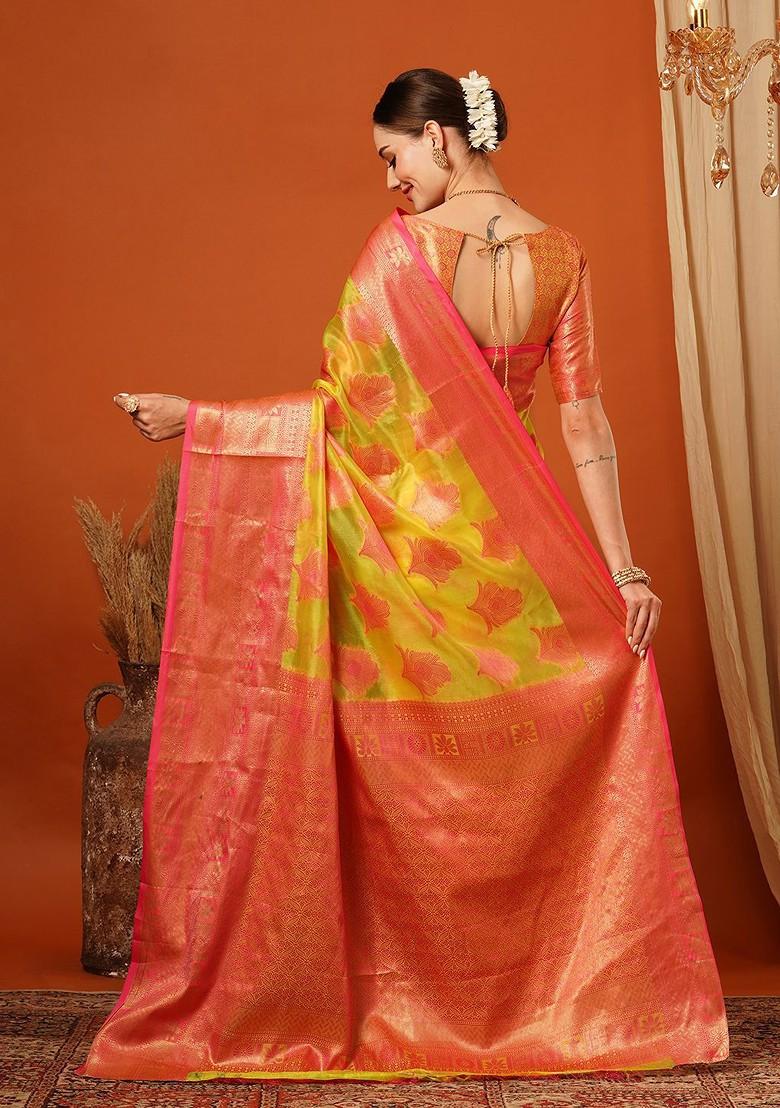Pink Woven Silk Saree Set