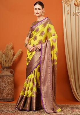 Purple Woven Silk Saree Set
