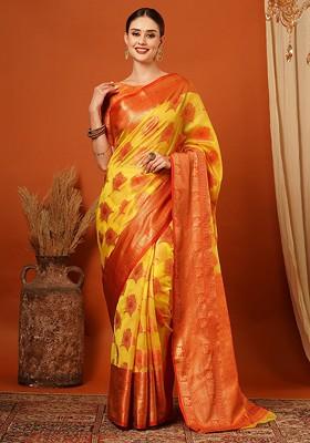 Yellow Woven Silk Saree Set
