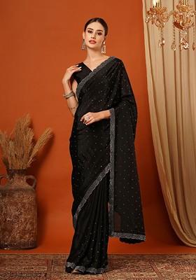 Black Embellished Silk Saree Set