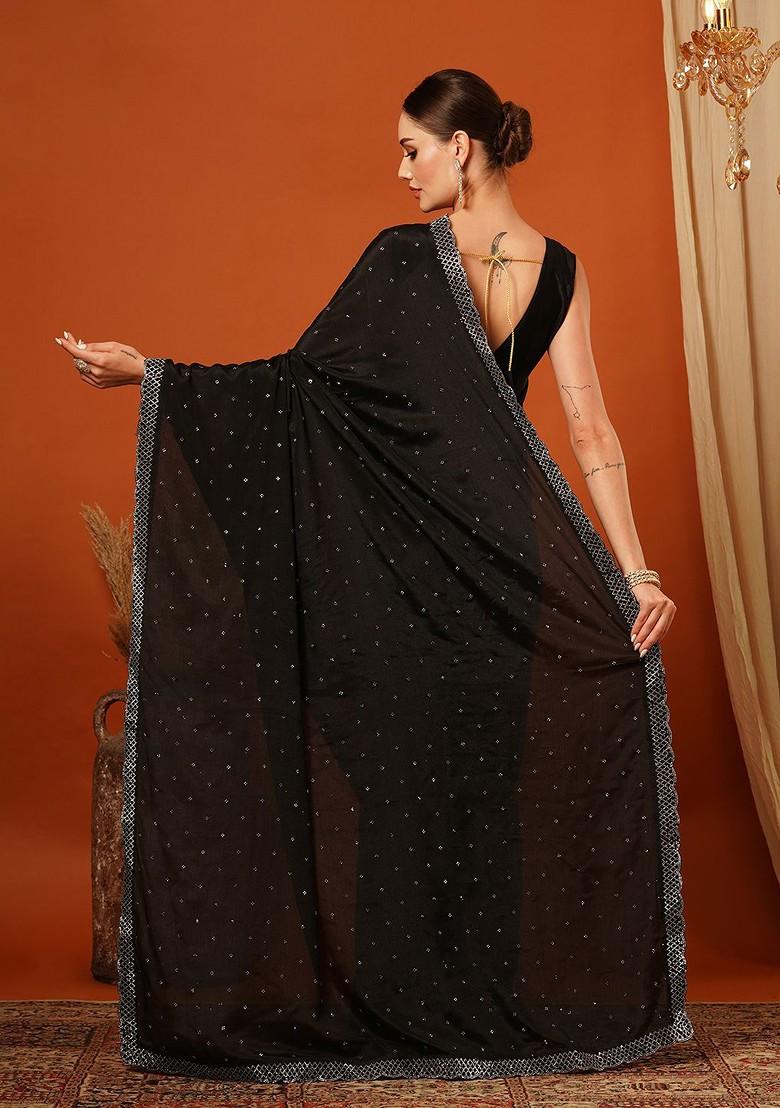 Black Embellished Silk Saree Set