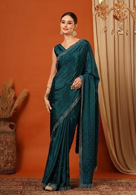 Turquoise Blue Embellished Silk Saree Set