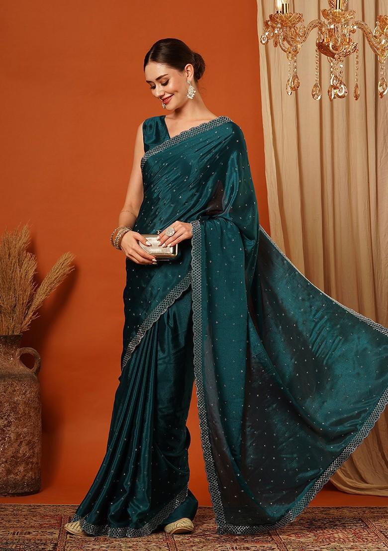 Turquoise Blue Embellished Silk Saree Set