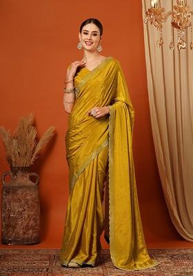 Yellow Embellished Silk Saree Set