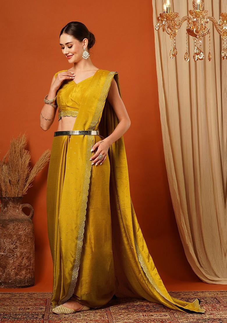 Yellow Embellished Silk Saree Set