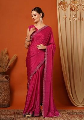 Pink Embellished Silk Saree Set