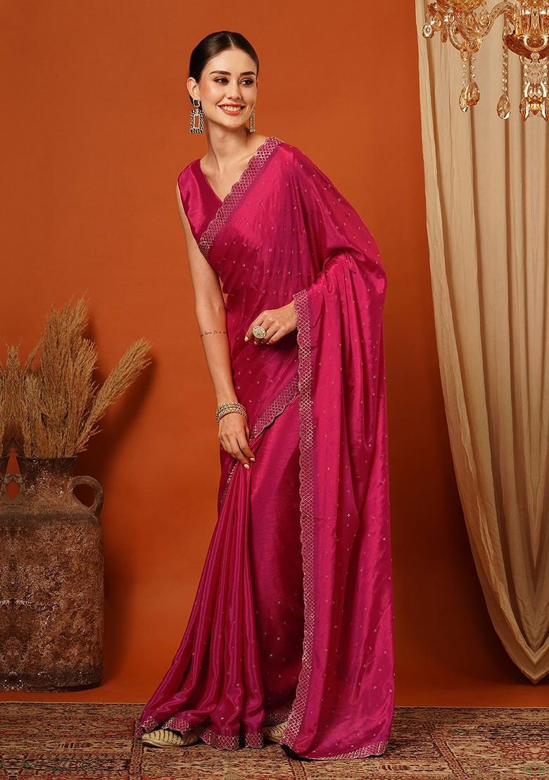 Pink Embellished Silk Saree Set