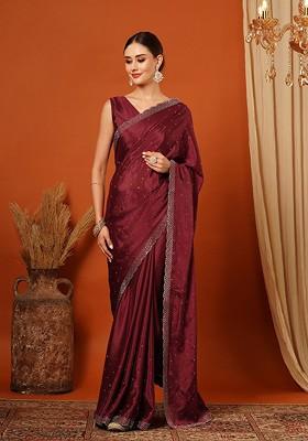 Maroon Embellished Silk Saree Set