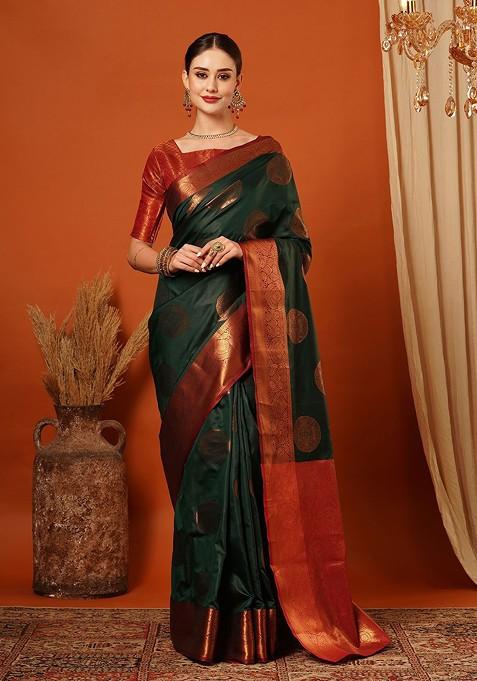 Green Woven Silk Saree Set