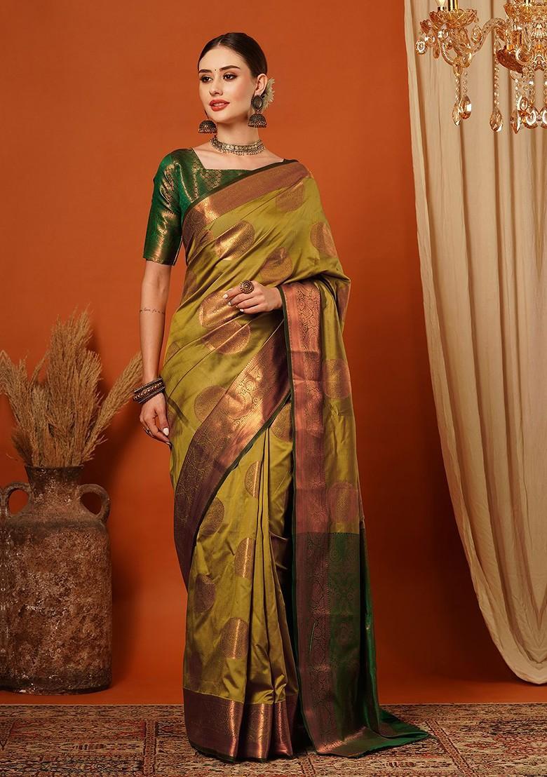 Yellow Woven Silk Saree Set
