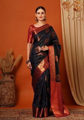 Navy Blue Woven Silk Saree Set