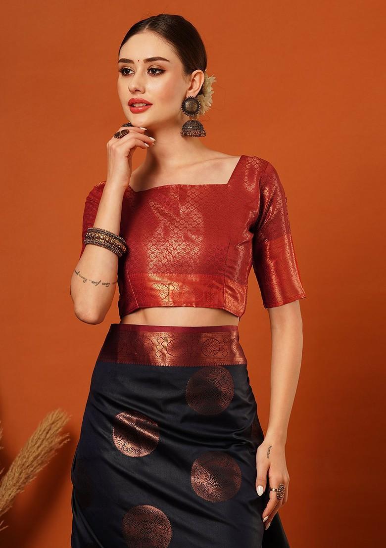 Navy Blue Woven Silk Saree Set