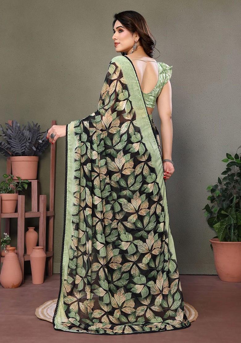 Black Printed Georgette Saree Set