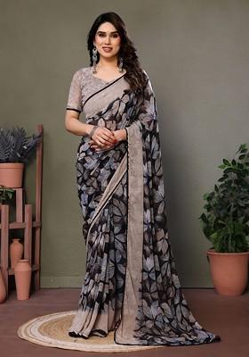 Grey Floral Print Georgette Saree Set
