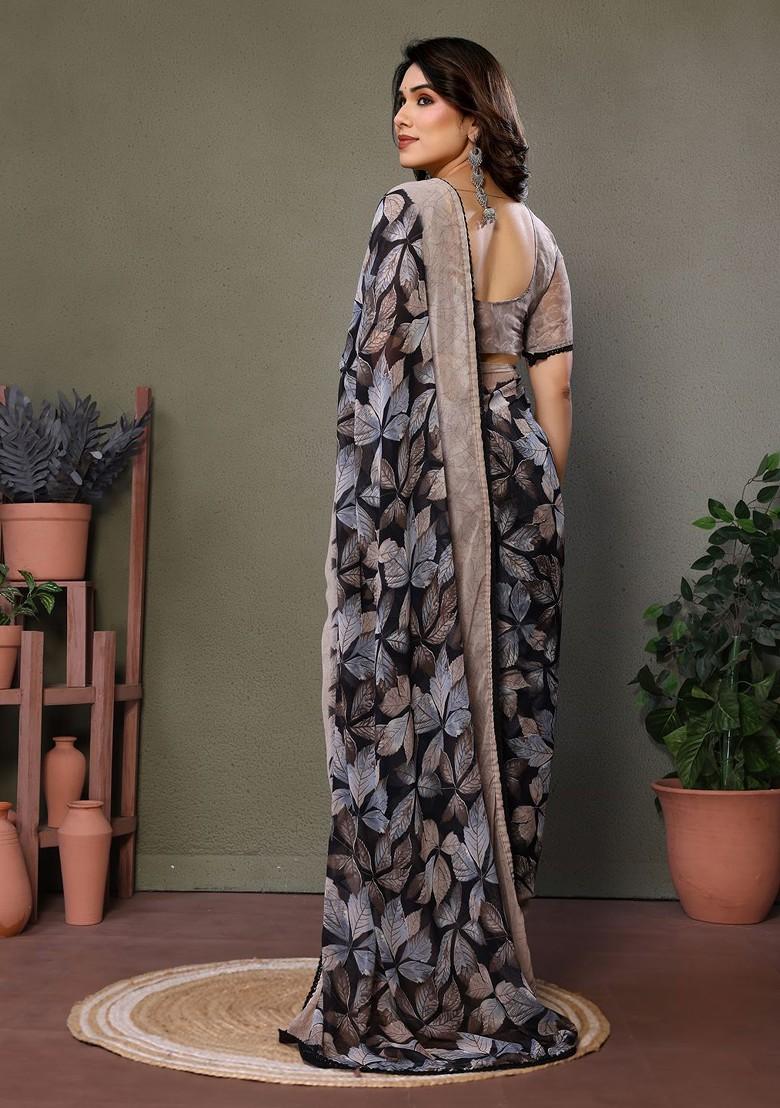 Grey Floral Print Georgette Saree Set