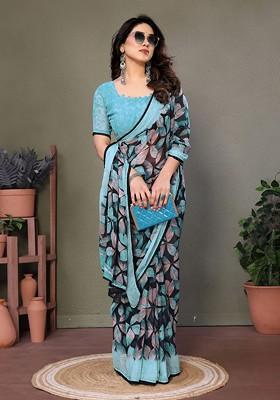 Sea Green Printed Georgette Saree Set