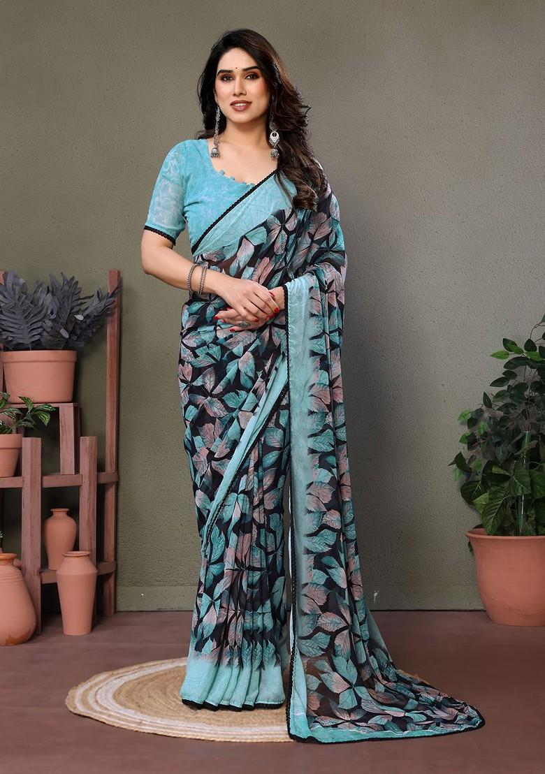 Sea Green Printed Georgette Saree Set