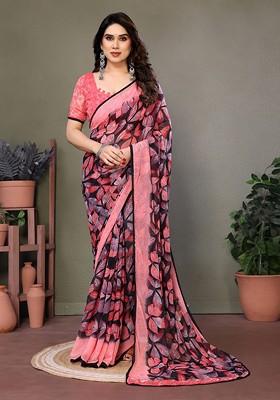 Red Printed Georgette Saree Set