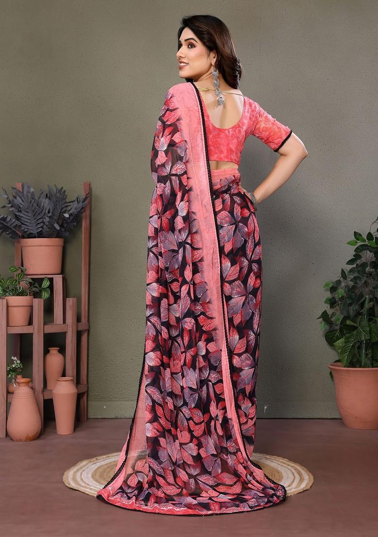 Red Printed Georgette Saree Set