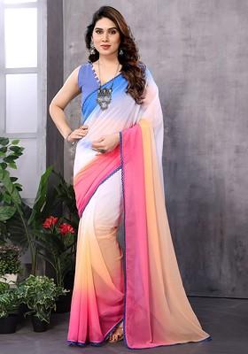 White Solid Georgette Saree Set