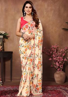 Cream Floral Print Georgette Saree Set