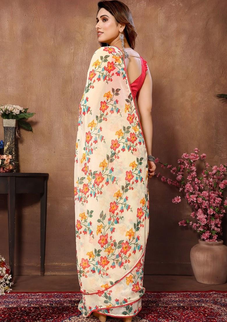 Cream Floral Print Georgette Saree Set
