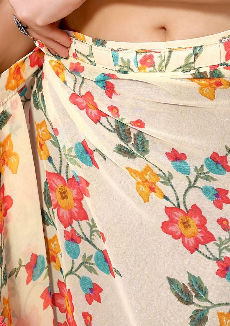 Cream Floral Print Georgette Saree Set