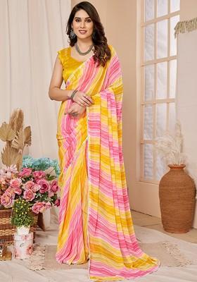Yellow Printed Georgette Saree Set