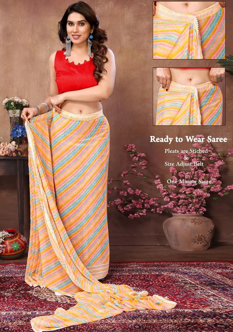 Yellow Striped Georgette Saree Set