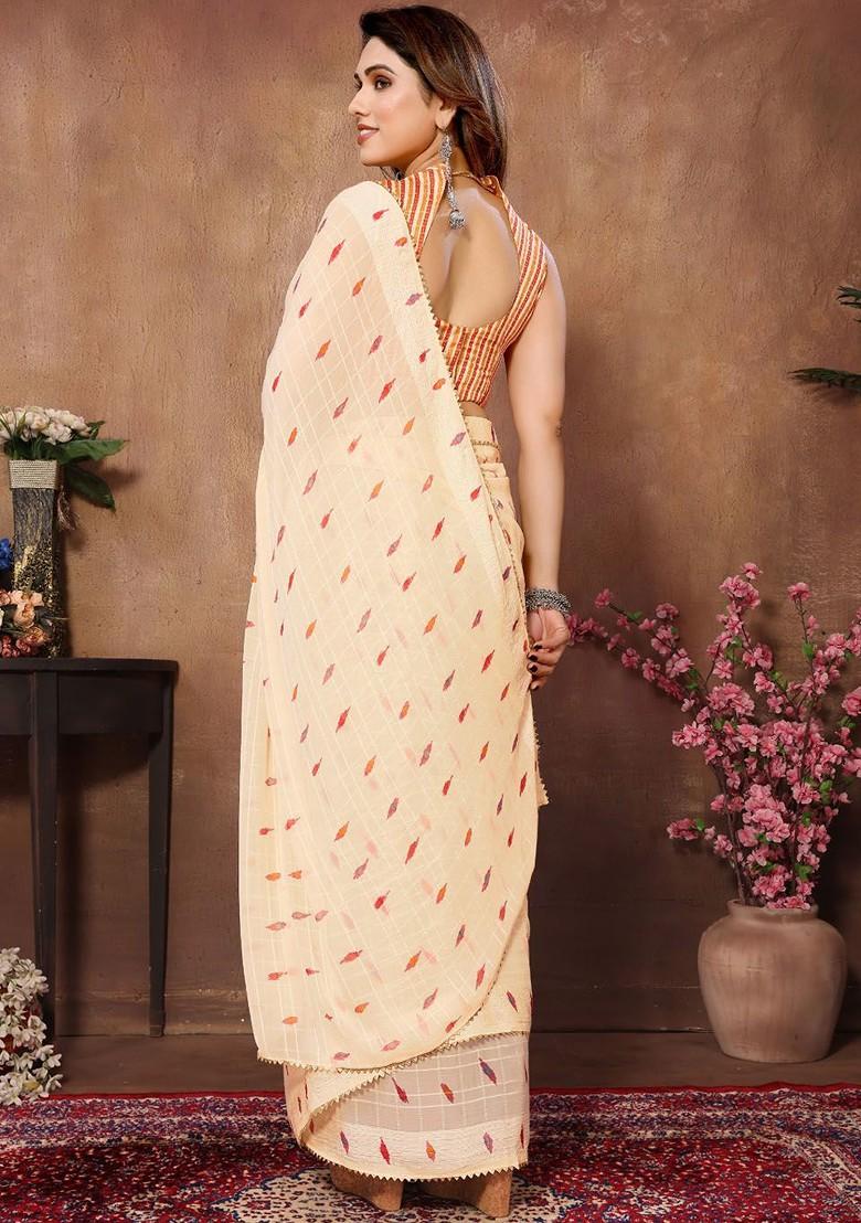 Peach Floral Print Georgette Saree Set