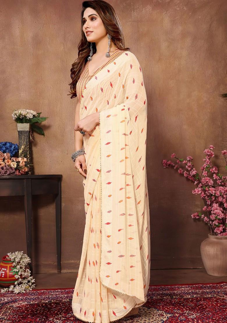 Peach Floral Print Georgette Saree Set