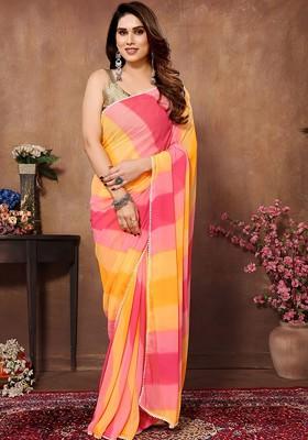 Pink Striped Georgette Saree Set