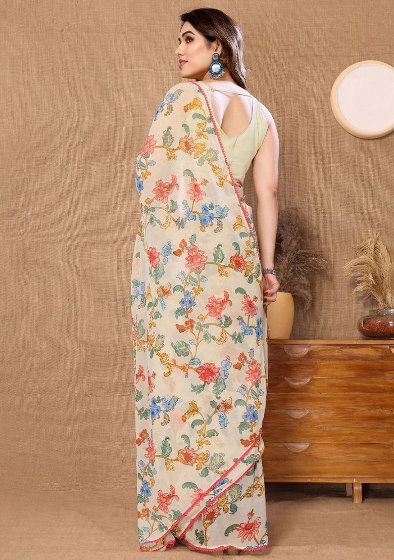Off White Floral Print Georgette Saree Set