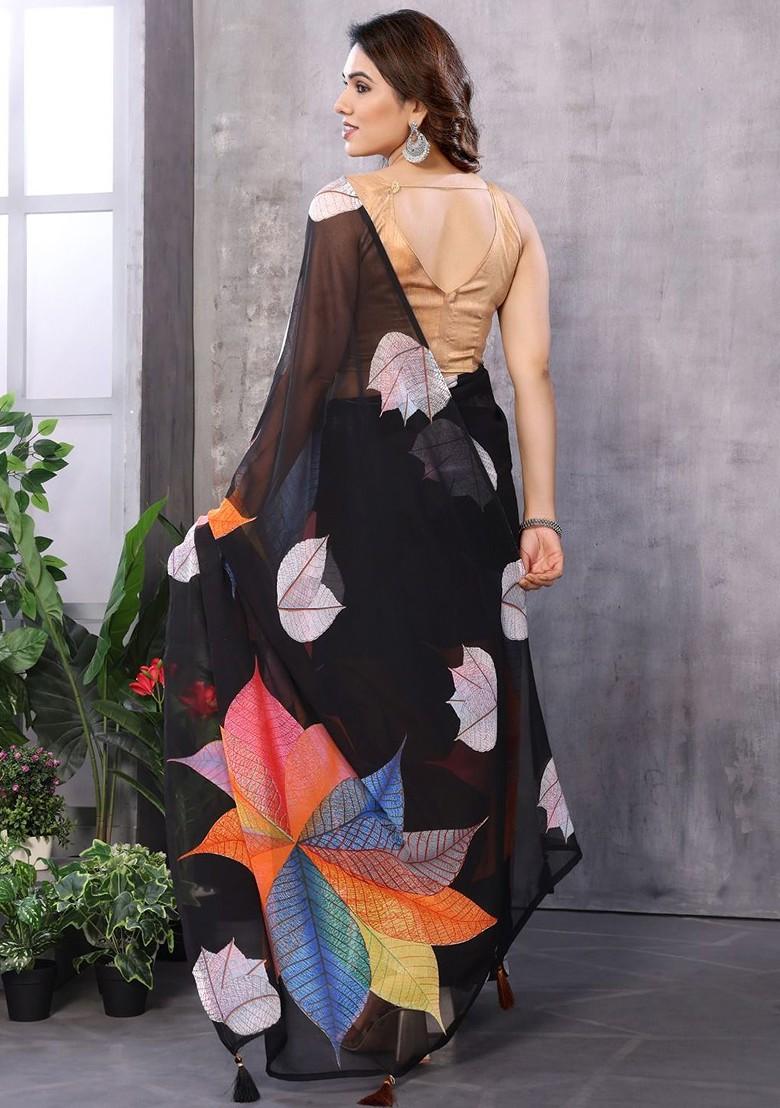 Black Floral Print Georgette Saree Set