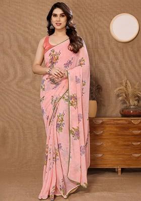 Peach Floral Print Georgette Saree Set