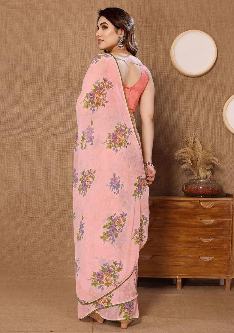 Peach Floral Print Georgette Saree Set