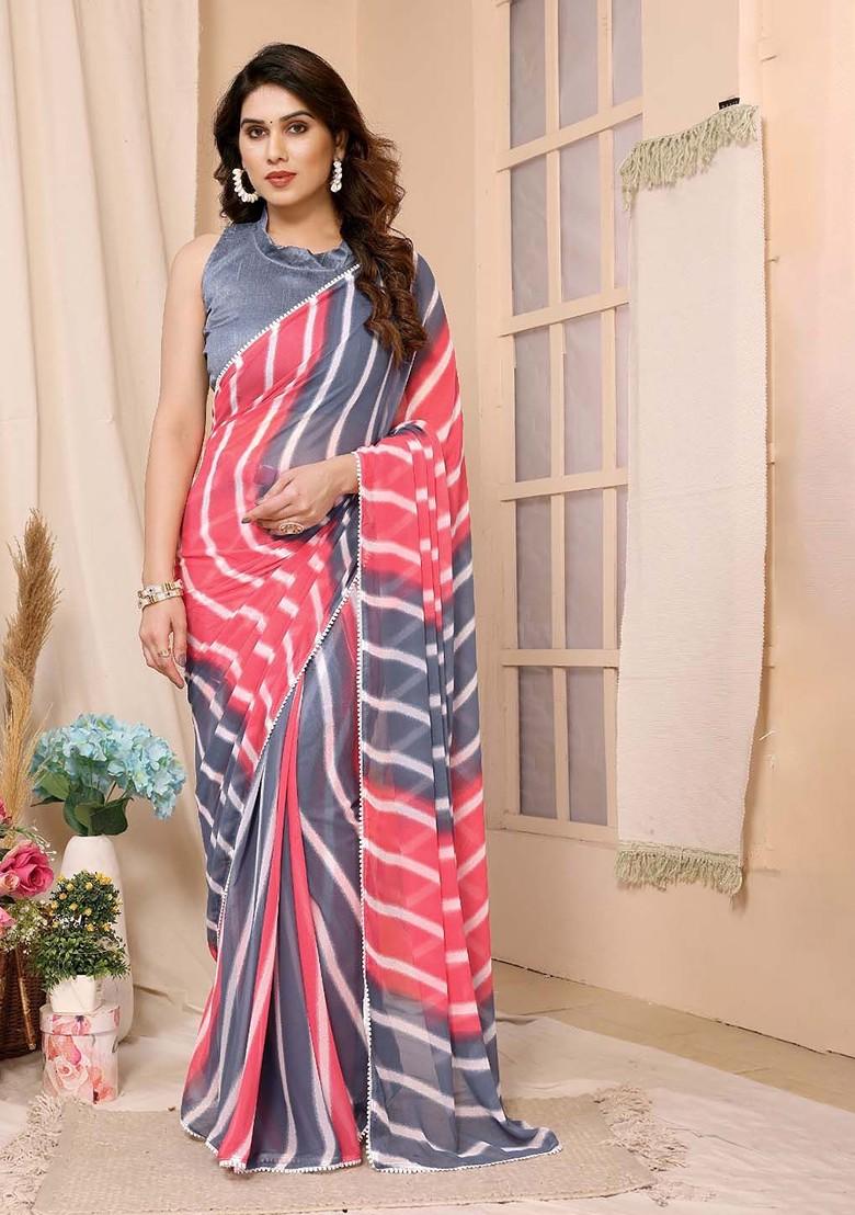 Pink Striped Georgette Saree Set