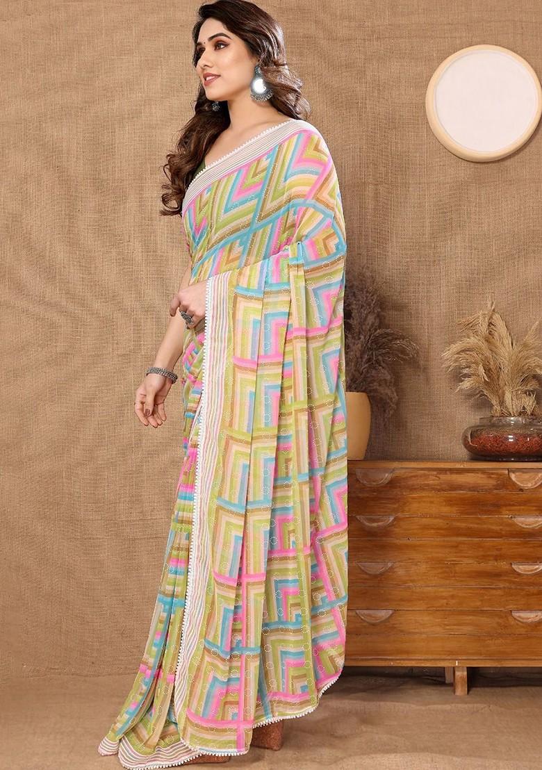 Green Solid Georgette Saree Set