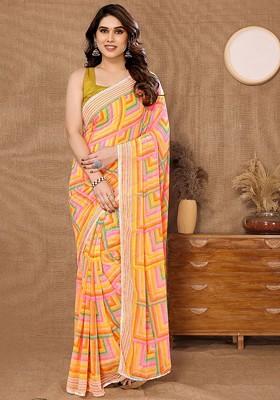 Yellow Printed Poly Blend Saree Set
