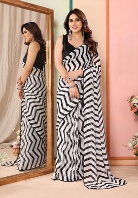 Black Printed Georgette Saree Set